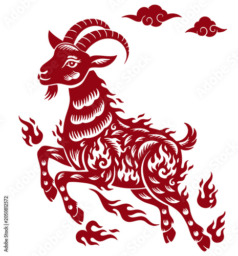 Chinese zodiac fire goat vector illustration, traditional paper cut style. Red fire goat mythical character with flame patterns, Chinese clouds. Year of goat lunar New Year red silhouette