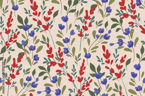 Seamless floral pattern, abstract ditsy print of hand drawn wildflowers in artistic vintage motif. Elegant botanical design of small flowers, cute tiny twigs, mini leaves, herbs. Vector illustration.