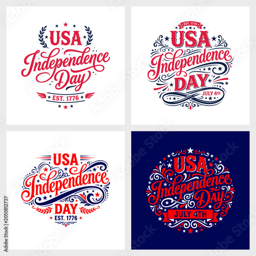 USA Independence Day Retro Lettering Badges, 4th of July Vintage Vector Typography Set