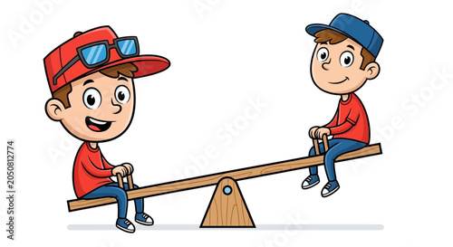 Fotografie Two boys playing on seesaw outdoors.
