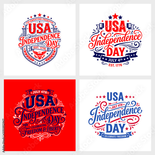 USA Independence Day Typography Badge Vector Set, 4th of July Celebrate Freedom Lettering Designs