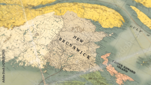 Принти на полотні Macro View of Vintage Map Highlighting New Brunswick Canada with Detailed Geogra