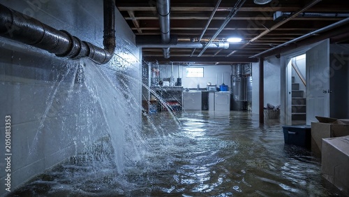 Burst Pipe Spraying Water into Flooded Basement Laundry Room