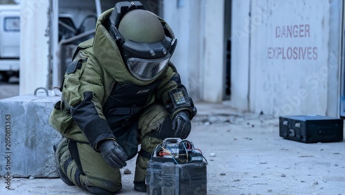 EOD Specialist in Protective Suit Defusing an Explosive Device