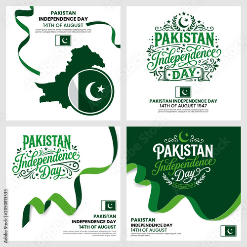 Pakistan Independence Day Social Media Layouts, 14 August Square Posts with Pak Map and Ribbon Vector