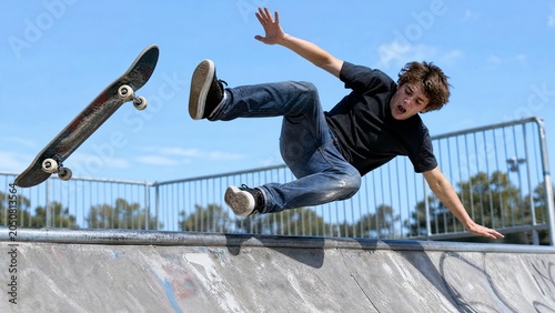 Skateboarder Falling Off Board During Trick at Outdoor Skatepark
