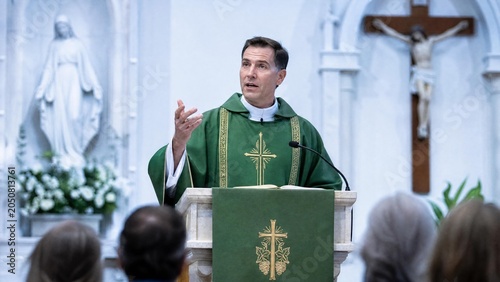 Catholic Priest Giving Sermon at Pulpit during Holy Mass in Church