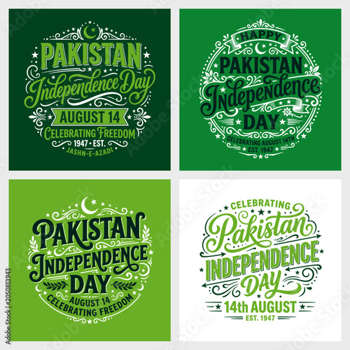 Pakistan Independence Day Retro Typography Badges, 14 August Celebrating Freedom Vector Designs