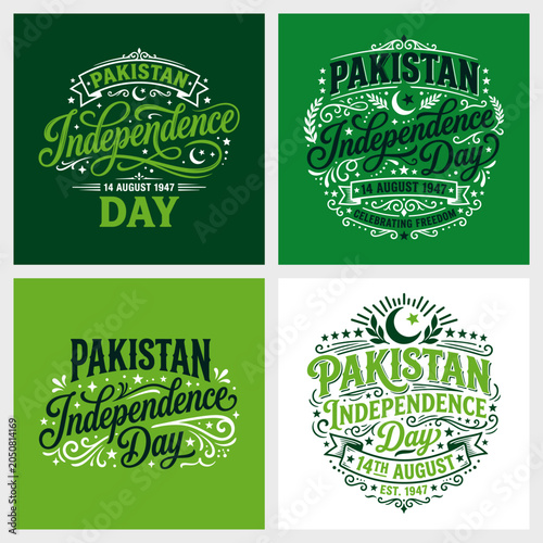 Pakistan Independence Day Retro Typography Badges, 14 August Celebrating Freedom Vector Designs