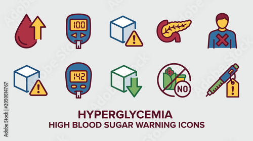 Foto Hyperglycemia High Blood Sugar Warning Medical Icons Set
