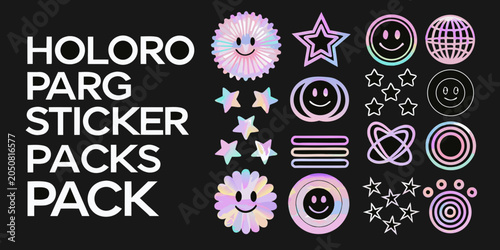 Tableau sur toile Holographic sticker pack collection with iridescent effects on a black backgroun