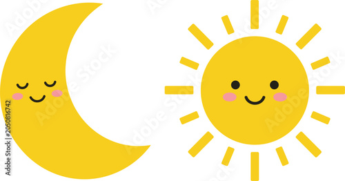 Bild auf Leinwand Cute kawaii sun and crescent moon vector illustration set featuring smiling cart