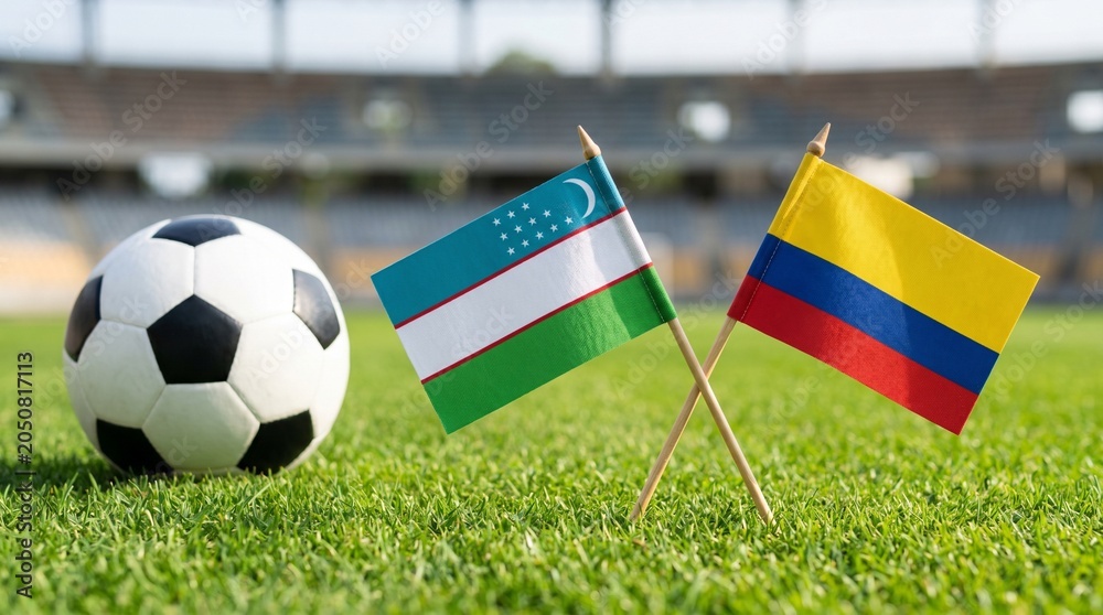 Fototapeta premium Soccer ball sits beside two miniature flags representing Uzbekistan and Colombia on a manicured stadium pitch.