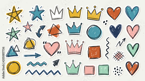 Tablou pe pânză A colorful illustration of various hand-drawn symbols and shapes, including crowns, hearts, stars, and arrows, on a white background