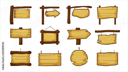 A collection of twelve colorful cartoon wooden sign illustrations with various shapes, hangers, and supporting poles