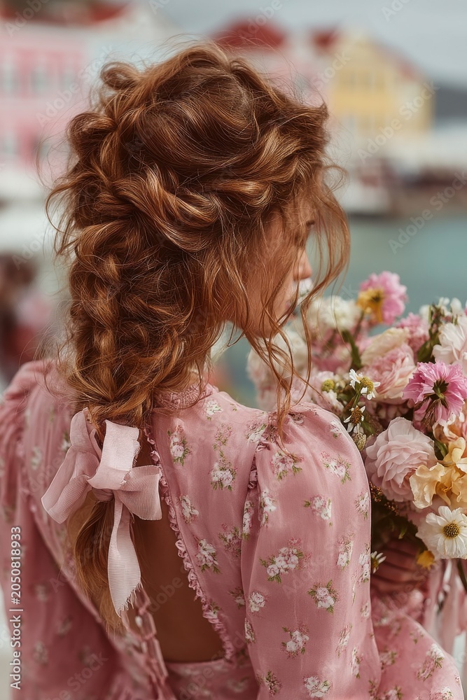 Naklejka premium Woman with Braided Brown Hair and Flowers: Outdoor Back View, Pink Floral Dress, Romantic Style, Soft Focus