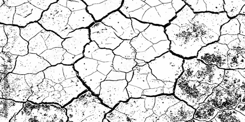 Foto A high-contrast, black and white texture overlay of extensively cracked and distressed dry ground, featuring jagged, organic fissures and subtle granular details against a stark white background