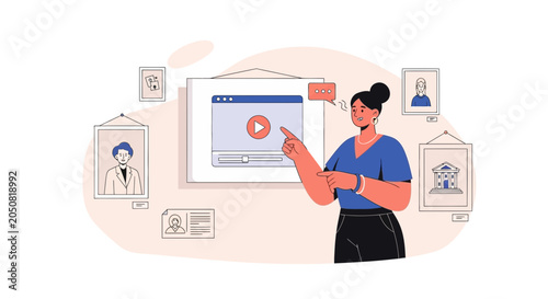 Woman presenting online video and historical portraits in a modern exhibition gallery