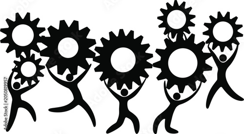 Tableau sur toile Silhouettes of people holding up gears in a team effort concept teamwork coopera