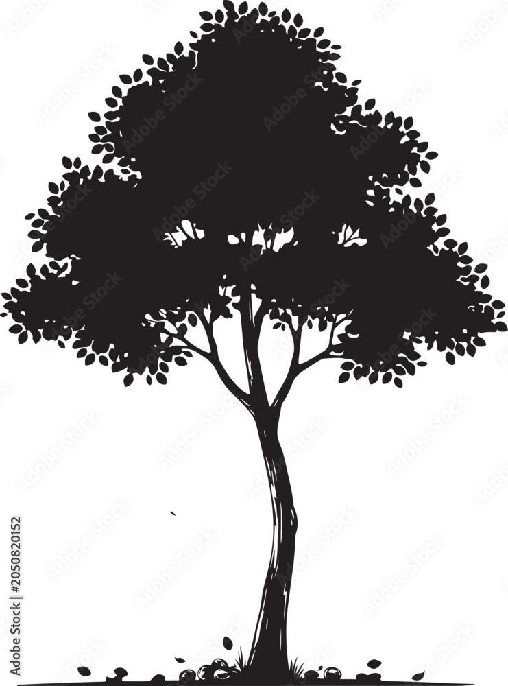 Fototapeta premium Black silhouette of a tree with leaves and grass on white