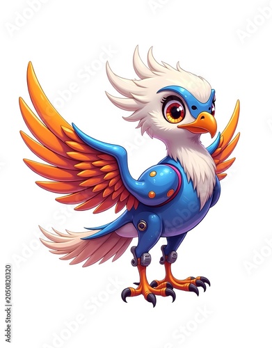 Cute futuristic cyber bird robot character with orange wings and robotic body isolated on white background