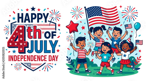Happy 4th of july independence day children celebration set