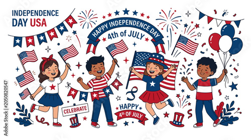 Fourth of july usa independence day patriotic children vector set