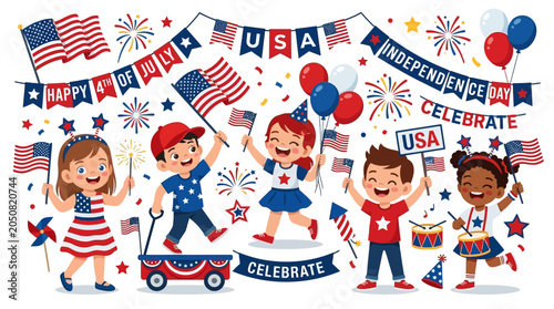 Kids celebrating usa independence day vector set with flags and fireworks
