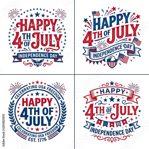 Patriotic 4th of july independence day emblem set with eagle and flags