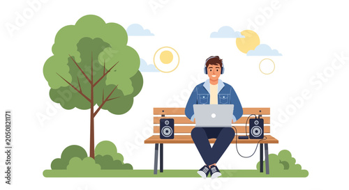 Man Working on Laptop with Headphones and Speakers in Park on a Sunny Day