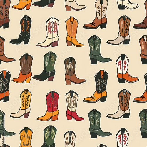 Colorful cowboy boots pattern with various designs and styles, funny seamless pattern