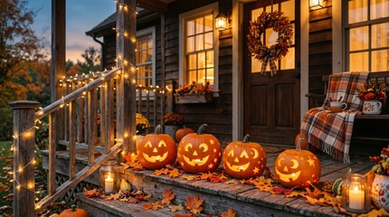 Cute aesthetic glowing Halloween pumpkins and autumn leaves with soft warm fairy lights