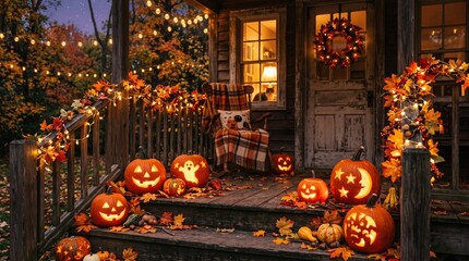 Cute aesthetic glowing Halloween pumpkins and autumn leaves with soft warm fairy lights