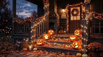 Cute aesthetic glowing Halloween pumpkins and autumn leaves with soft warm fairy lights