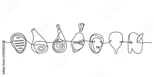 Foto Continuous one line drawing of different fresh meat cuts in a row