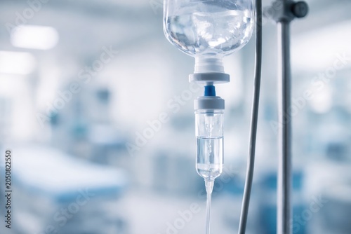 Close up of intravenous drip with saline solution in hospital setting representing medical treatment and care