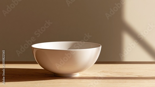 White ceramic bowl on wood table with morning sunlight shadow