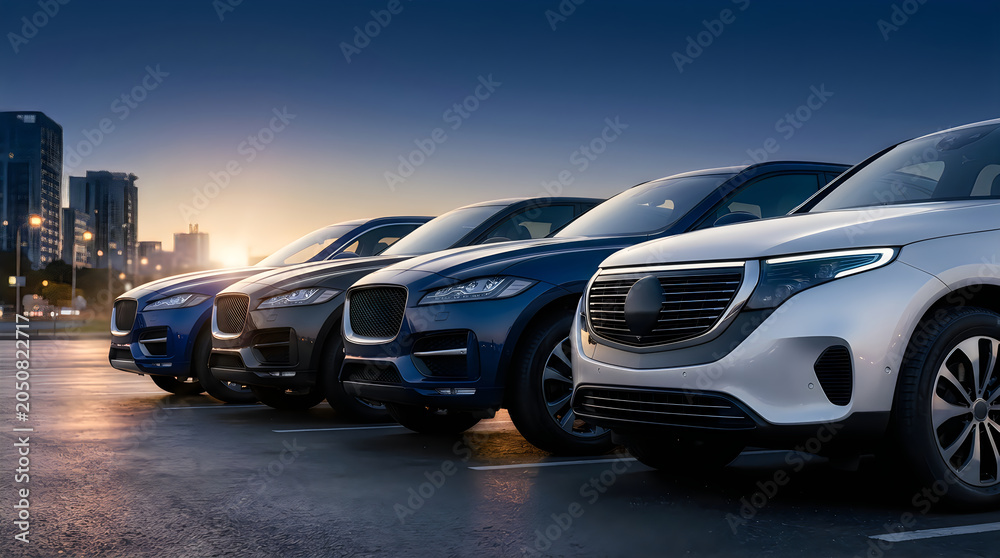 Naklejka premium A row of modern luxury cars parked on an asphalt lot at twilight with vehicles automotive twilight