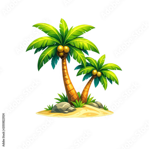 Two vibrant cartoon palm trees with golden coconuts growing on a small sandy tropical island isolated on a white background 4K Vedio, High Resolution