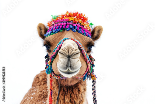 Camel portrait with colorful floral headband and boho decoration isolated on white background