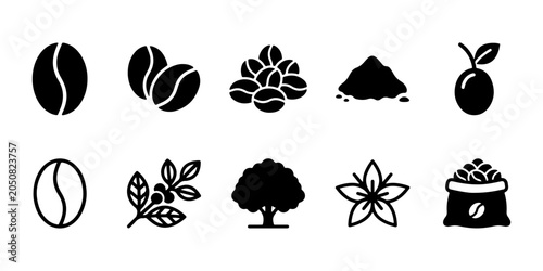 Coffee bean icon set solid outline cluster powder cherry plant shop flower bag for app