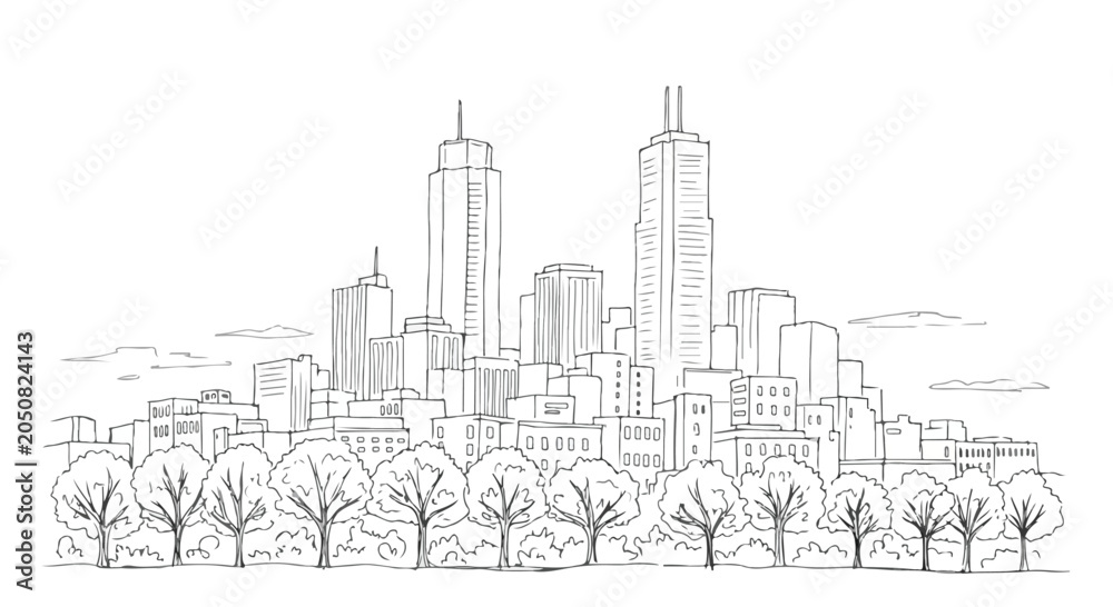Obraz premium Modern City Skyline Vector Illustration Hand Drawn Sketch with Trees