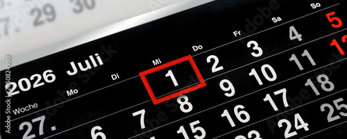 Deutscher Kalender Datum 1. Juli  2026 Mittwoch  schwarz rot