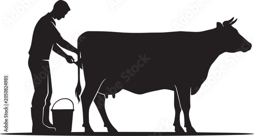 Silhouette of man milking cow with bucket