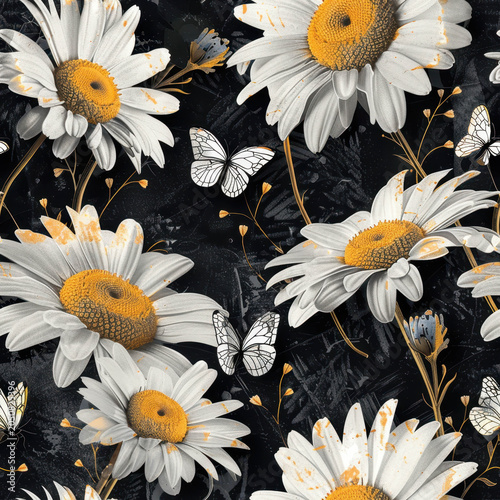 Daisies and butterflies on black background with butterflies. Seamless floral pattern