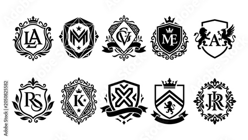 Heraldic crests and luxury monogram logos vector set with shields crowns and lions for branding