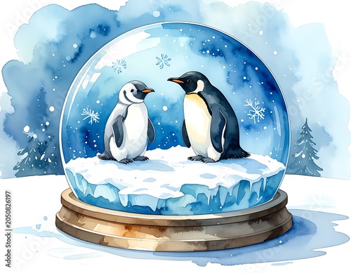 Two penguins in snow globe winter.