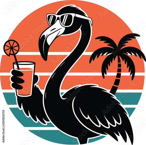 Pink Flamingo Holding Tropical Drink in Sunset Circle, Summer Beach Bird Illustration Isolated on White Background

