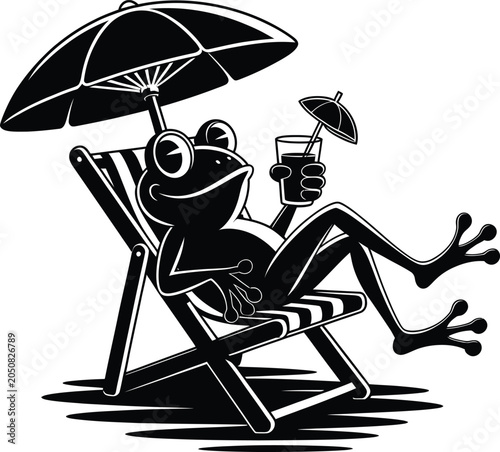 Relaxed Frog Lounging on Beach Chair Under Umbrella with Tropical Drink, Funny Summer Vacation Cartoon Illustration Isolated on White Background

