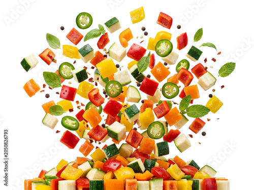 Falling fresh chopped vegetables explosion isolated on white background